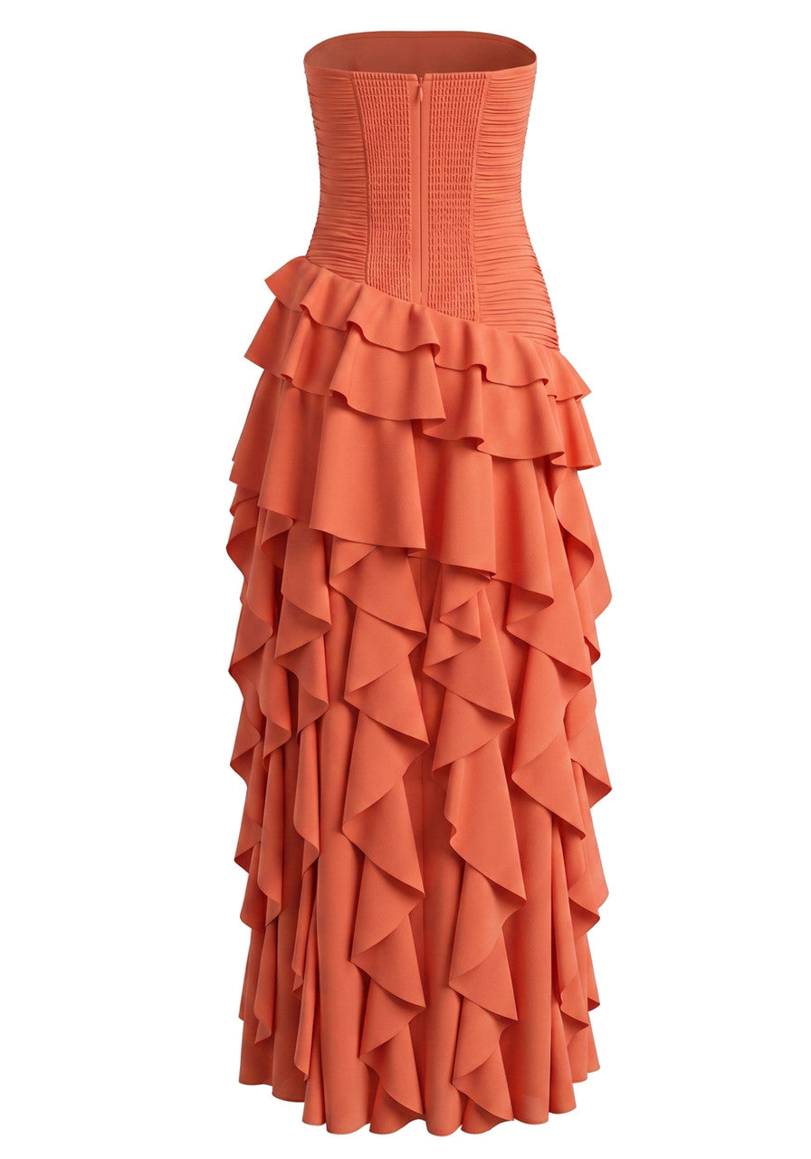 Strapless Ruffle Maxi Dress Orange