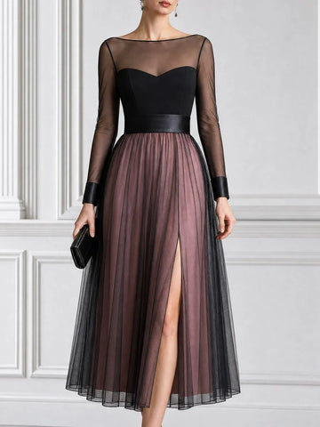 Sheer Mesh Heart Bust High Slit Wedding Guest Midi Dress