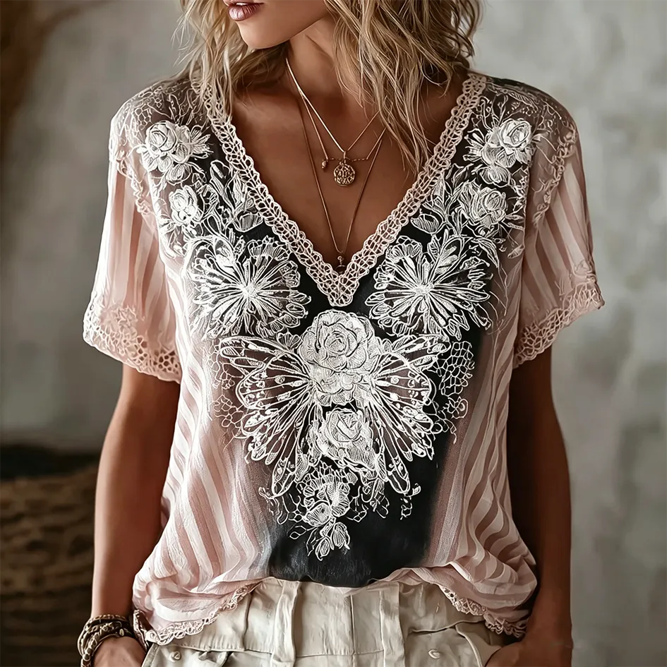 Butterfly Flower Embroidery Patchwork Striped Design Women's Summer Linen T-shirt