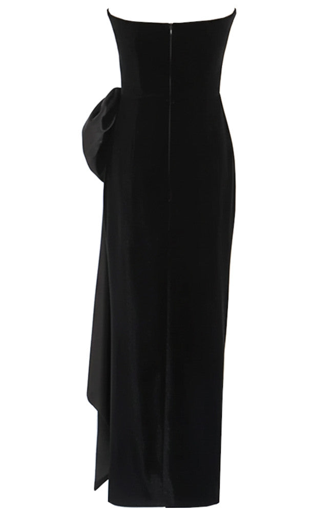 Strapless Bow Maxi Velvet Dress Black