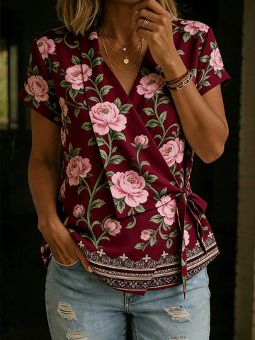 Women's Vintage Ethnic Floral Print Casual Cross-over Tie Neck Top
