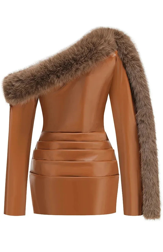 Long Sleeve Fur Detail Faux Leather Dress Brown