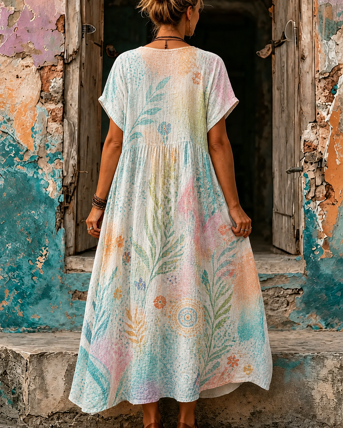 Women's Vacation Linen Floral Print V-Neck Short Sleeve Maxi Dress