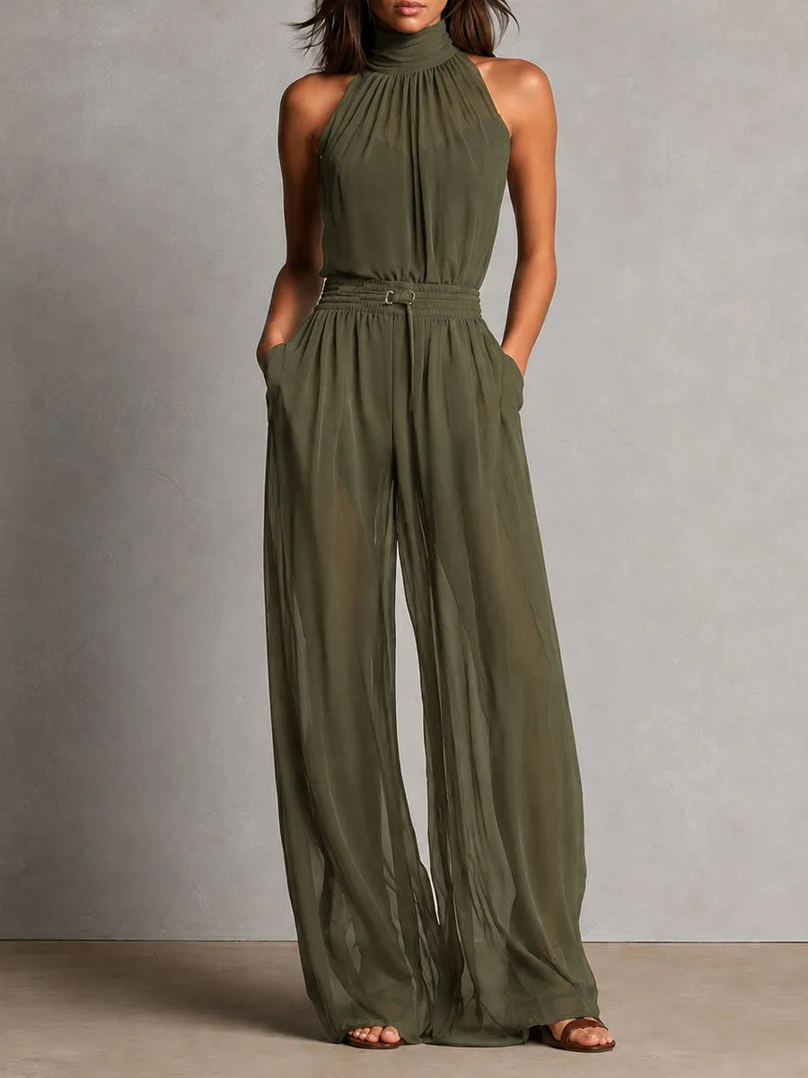 Elegant High Neck Black Sheer Halter Wide-Leg Jumpsuit
