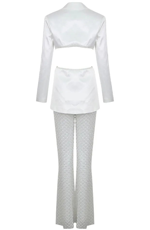 Long Sleeve Pearl Silk Suit White