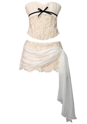 Strapless Floral Corset Two Piece Dress Ivory