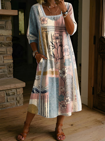Women's Folk Printed Square Neck Hollow Cotton Pocket Dress