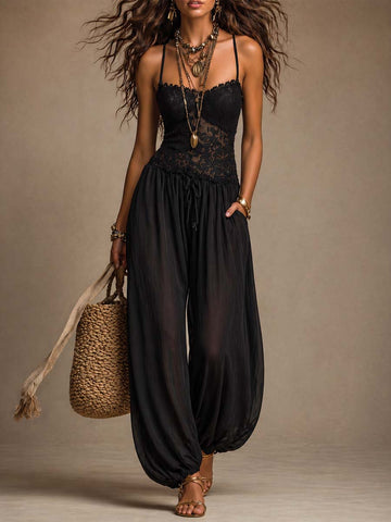 Black Lace Chiffon Halter Harem Jumpsuit