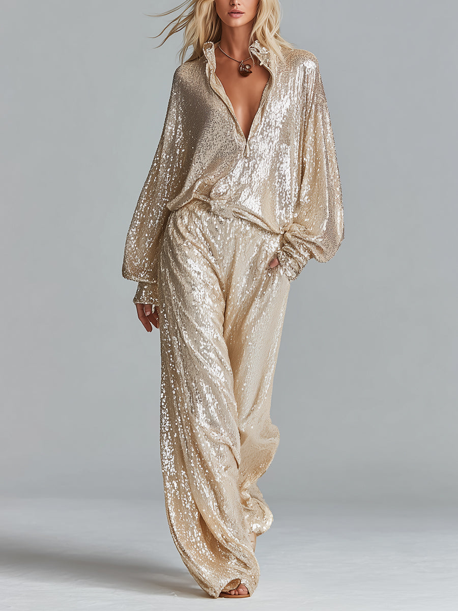 Women's Champagne Sequin Blouse With Oversized Balloon Sleeves & Half-Button Placket, Timeless Party-Glam Style Top MDZ1606D1LYL