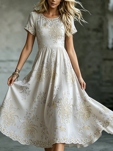 Women's Retro Gold Chrysanthemum Art Pattern Casual Dress
