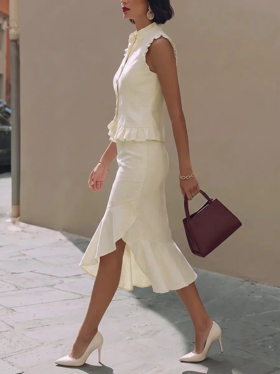 White Ruffle Sleeveless Top Bodycon Midi Skirt Set