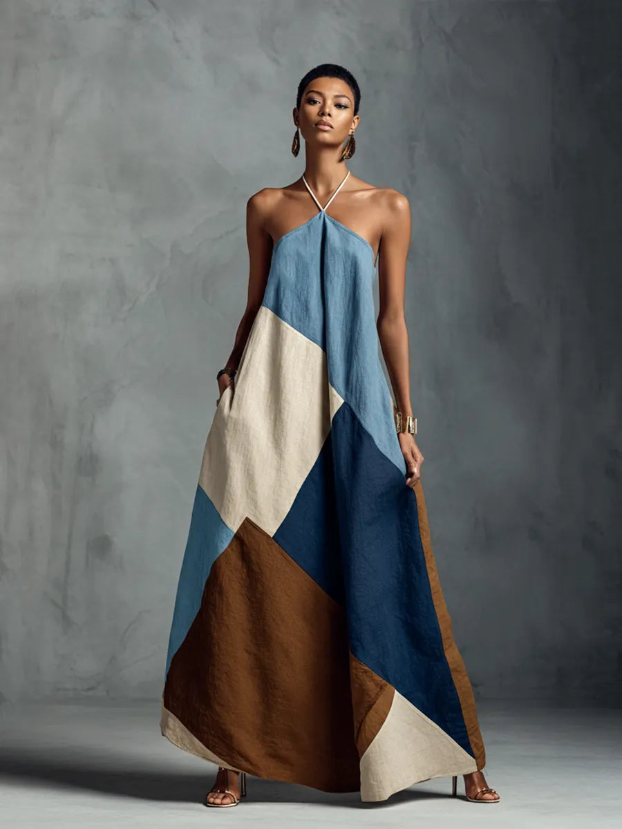 Women's Bohemian Multi-color Cotton Linen Blend Patchwork Halter Maxi Dress MDZ1956C4BA