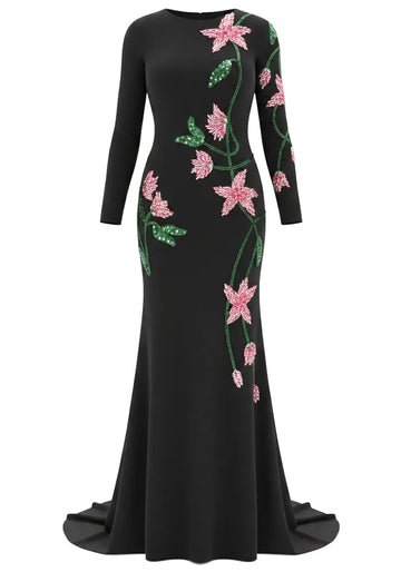 Long Sleeve Floral Embellished Maxi Dress Black