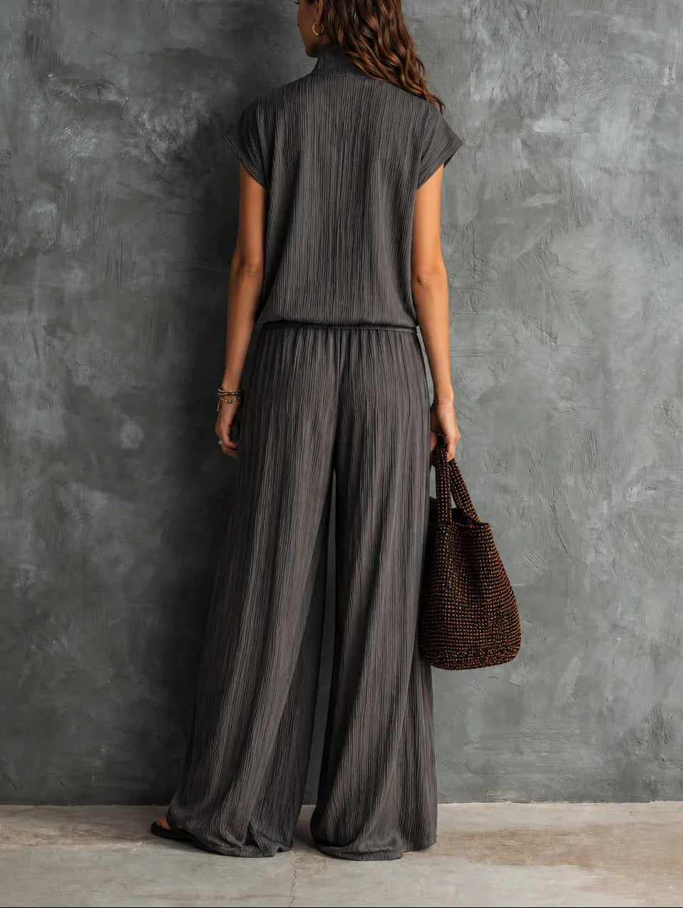 Casual grey textured zip-up top and trousers set