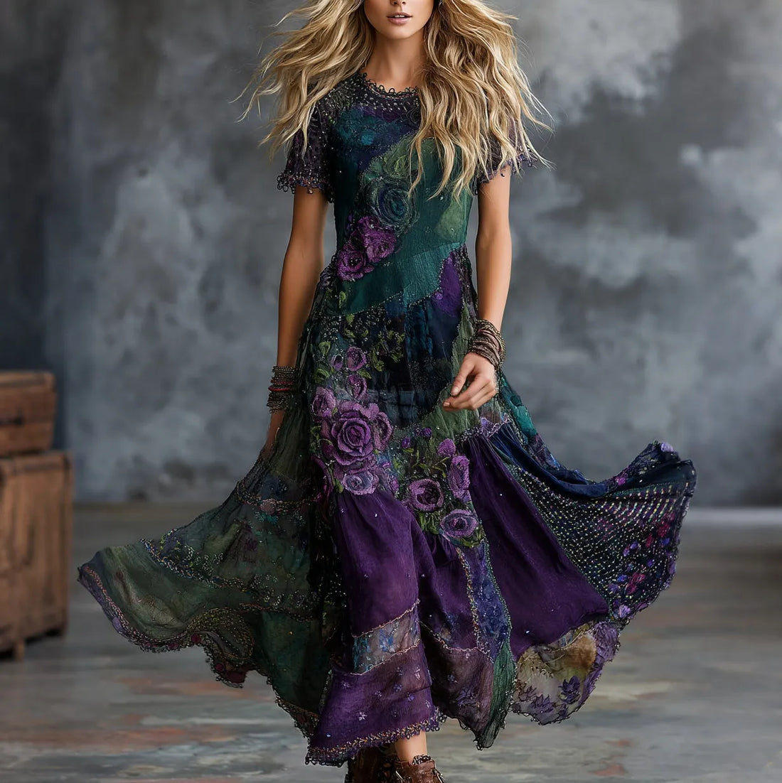 Women's Vintage Floral Art Flowy Casual Maxi Dress