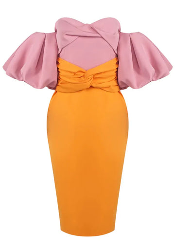 Puff Sleeve Bardot Midi Dress Pink Orange