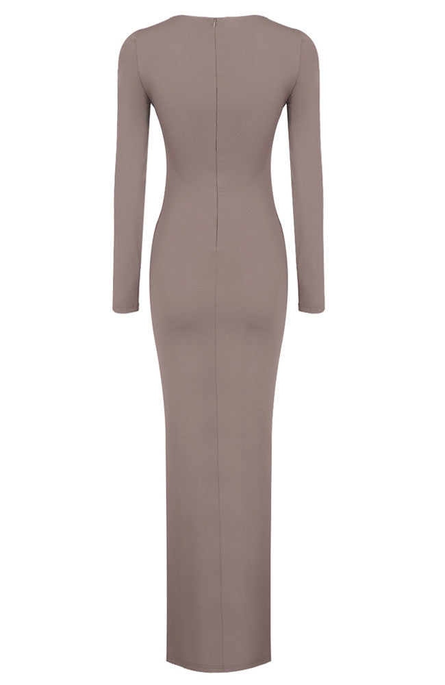 Long Sleeve Draped Detail Maxi Dress Brown
