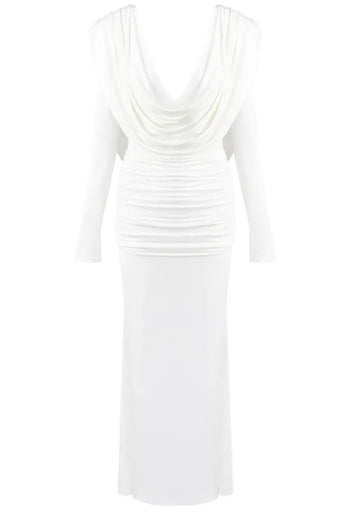 Long Sleeve Draped Backless Maxi Dress White