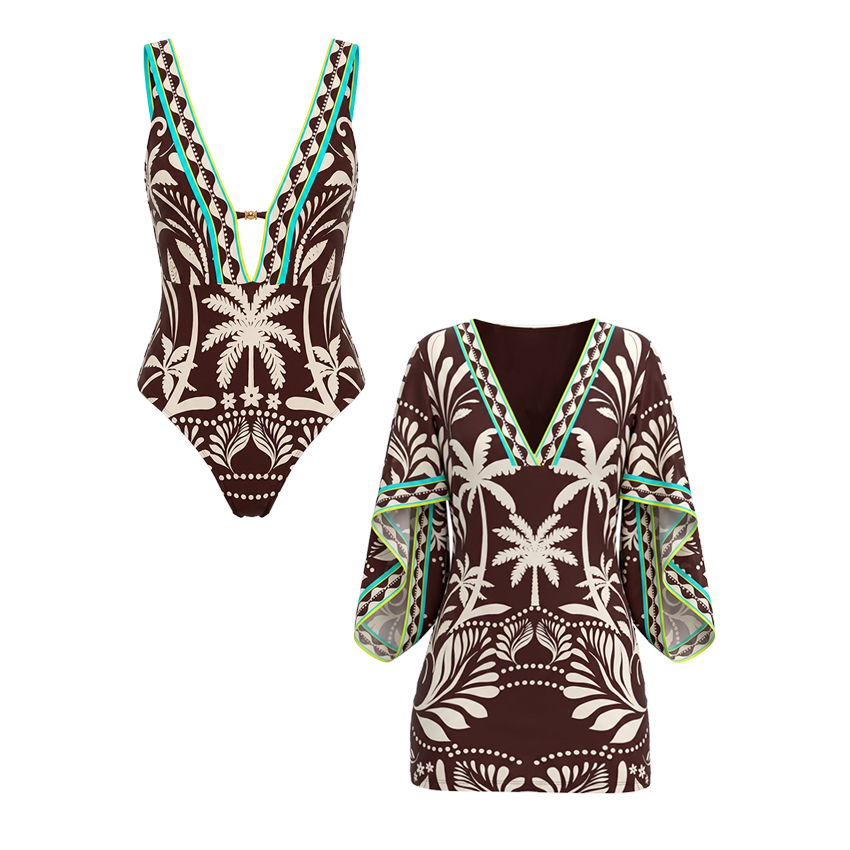 V-neck Palm Tree Print Swimsuit Set(s)