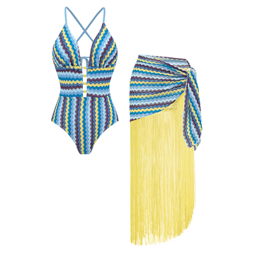 Blue Wavy Stripes Textured Swimsuit Set(s)