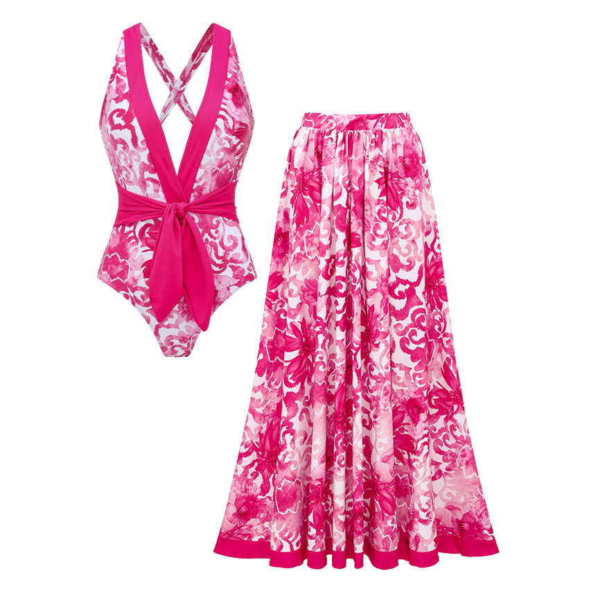Bow-detailed Flowews Print Swimsuit set(s)