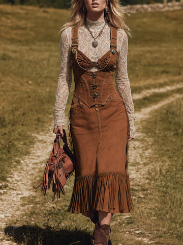 Retro Western Style Women's Suspender Dress - Fitted, Button-Up Tassel Ruffled Fishtail Midi Skirt