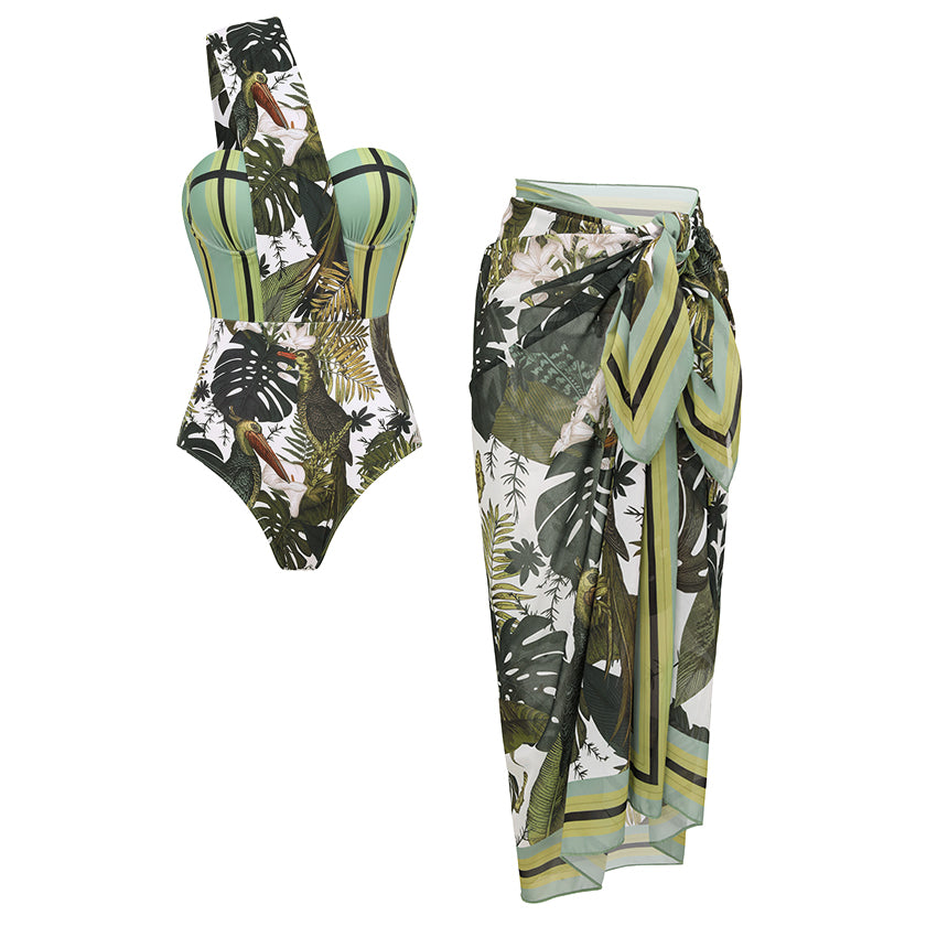One Shoulder Striped and Leaves Print Swimsuit Set(s)