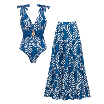 Tie-shoulder Blue Leaves Print Swimsuit Set(s)