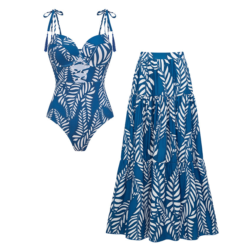 Sling Blue Tassel Leaves Print Cut Out Swimsuit Set(s)