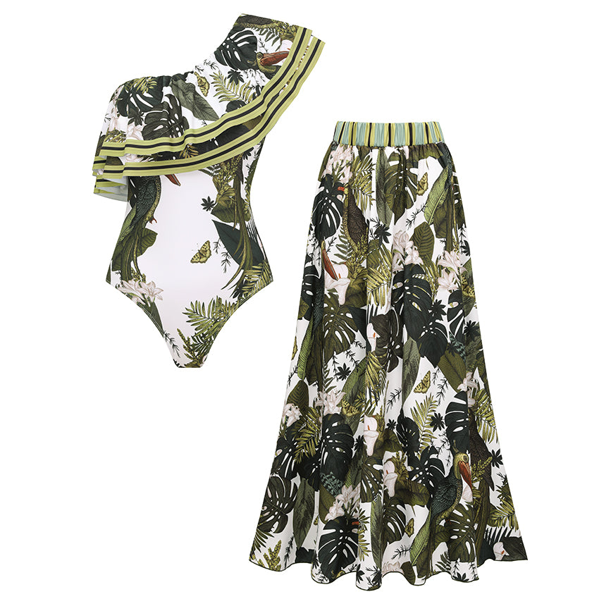 One Shoulder Ruffle Leaves Print Swimsuit Set(s)