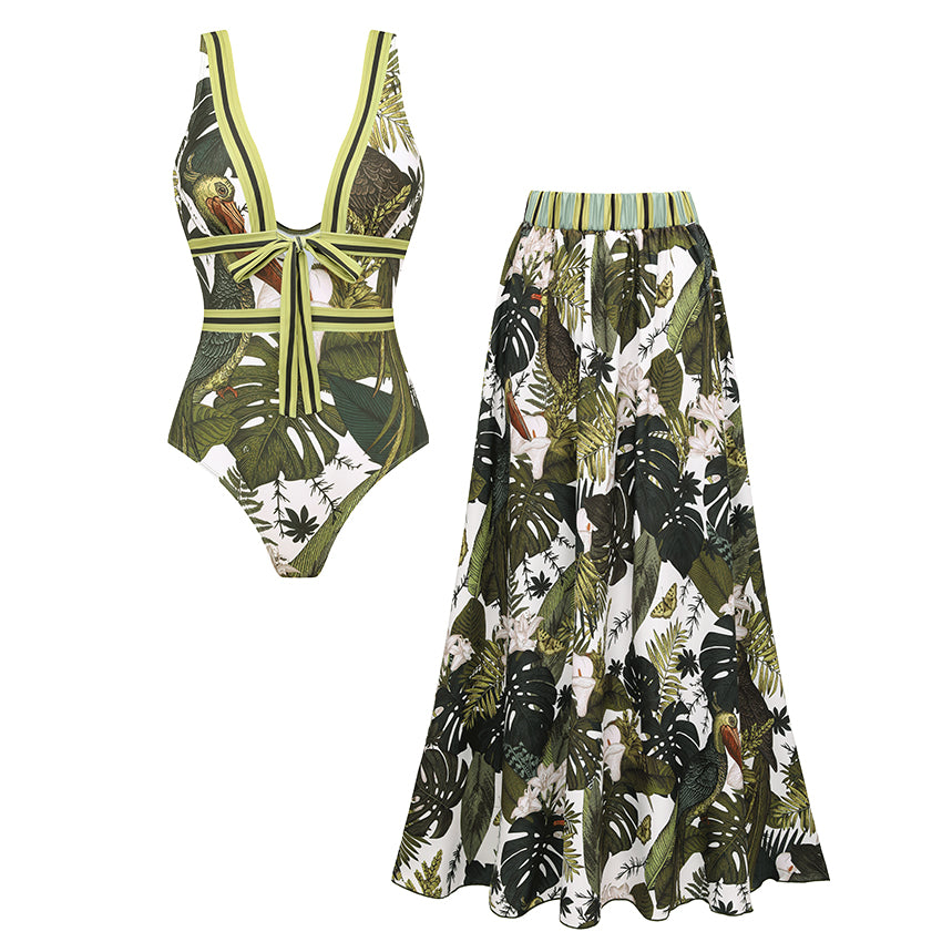 V Neck Green Print Lace Up Swimsuit Set(s)