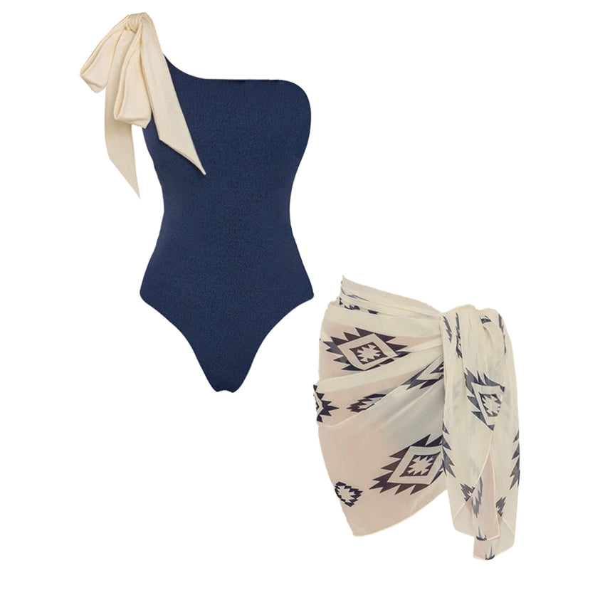 One Shoulder Bow Blue Solid Color Swimsuit Set(s)