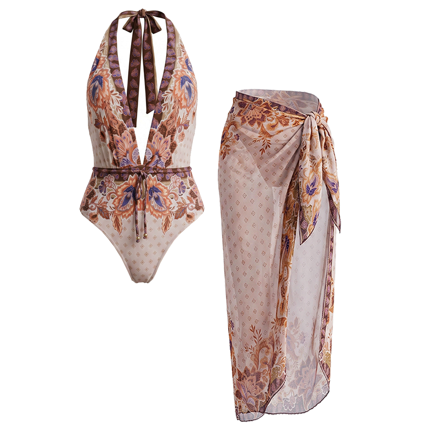 Halter-neck Retro print Swimsuit set(s)