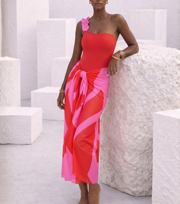 One Shoulder Color Block One Piece Swimsuit and Sarong