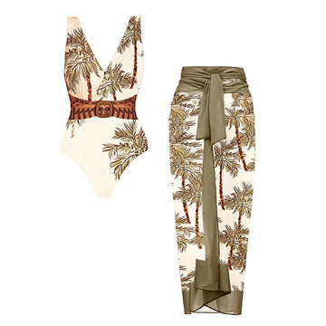 V Neck Coconut Tree Print Swimsuit Set(s)
