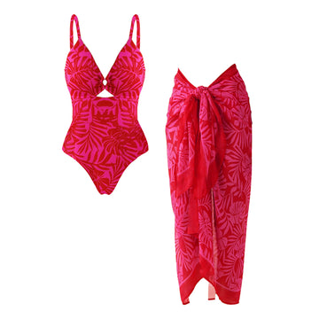 Adjustable shoulder straps Red Print Cut Out Swimsuit Set(s)