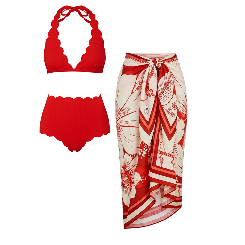 Halter Red Color Laser Cutting Bikini Swimsuit Set(s)