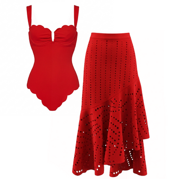 Detachable Shoulder Straps Red Color Laser Cutting Swimsuit Set(s)