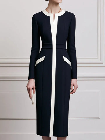 Navy & Ivory Colorblock Long-Sleeve Sheath Midi Dress