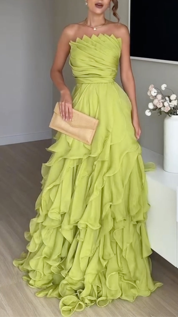 Strapless Ruched Ruffle Tiered Maxi Gown
