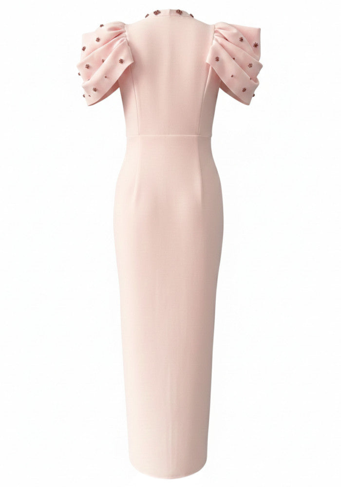 Draped Short Sleeve Crystal Maxi Dress Pink