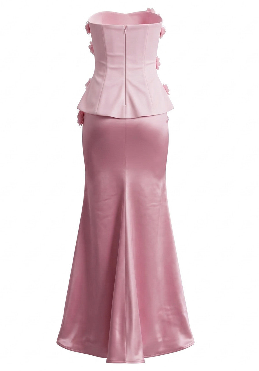 Strapless Floral Detail Maxi Dress Pink
