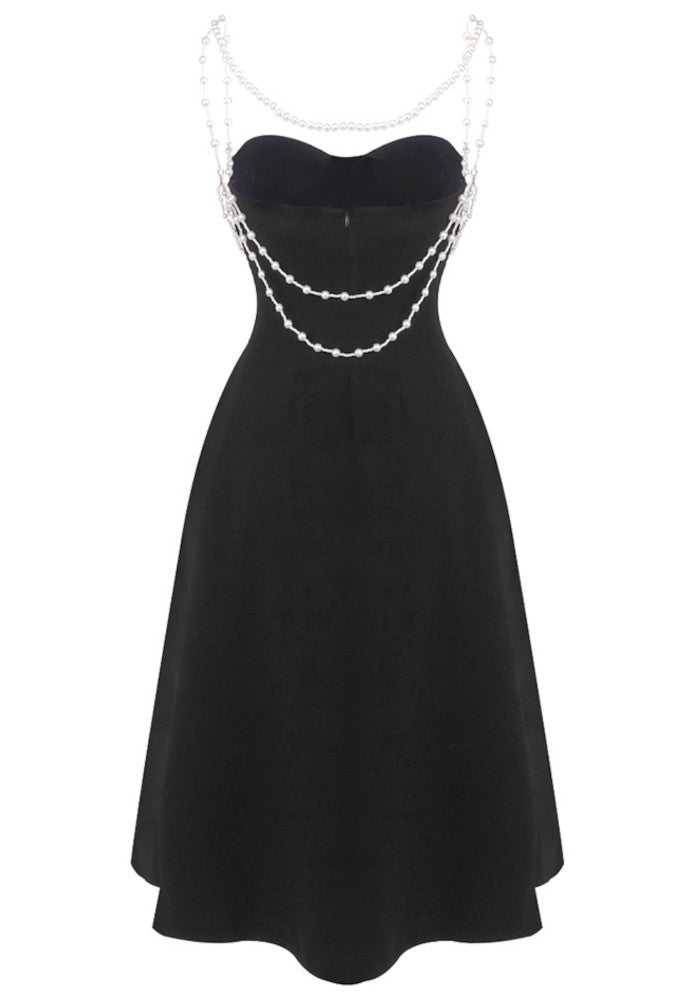 Pearl Detail Strapless A Line Midi Dress Black