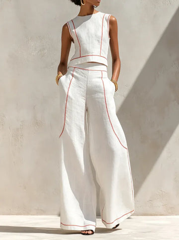 Women's Minimalist Linen-Blend Blouse & Wide-Leg Pants Set