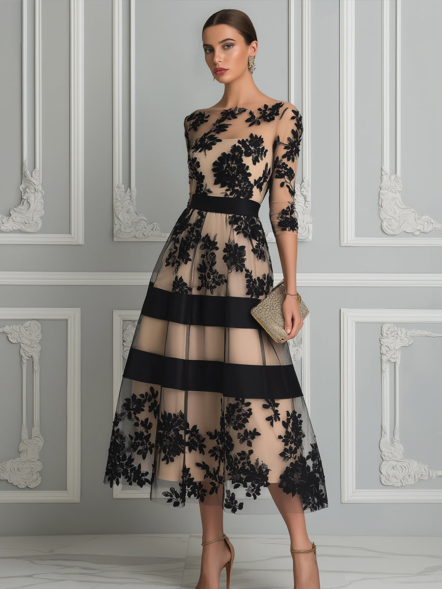 Floral Lace Illusion A-Line Midi Dress