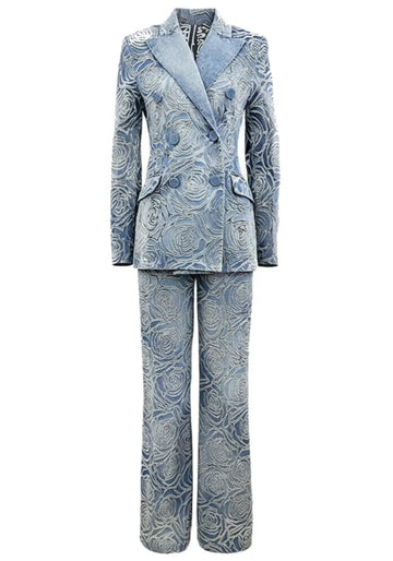 Floral Denim Suit Blue