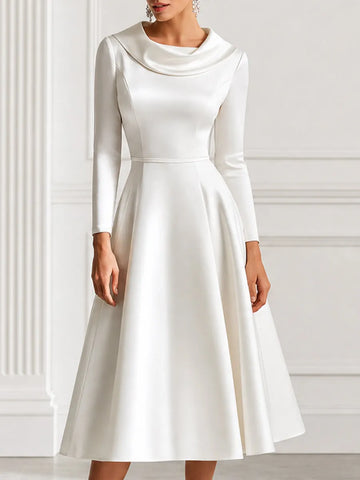 Cowl Neck Satin A Line Midi Wedding Guest Dress