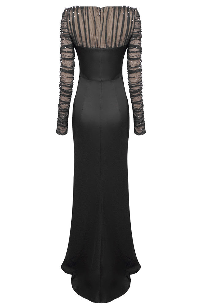 Long Sleeve Embellished Ruched Mesh Maxi Dress Black