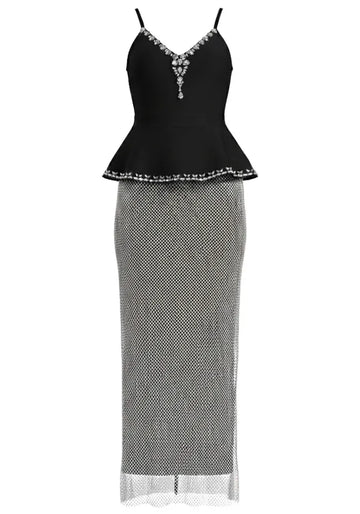 Crystal Peplum Maxi Dress Black Silver