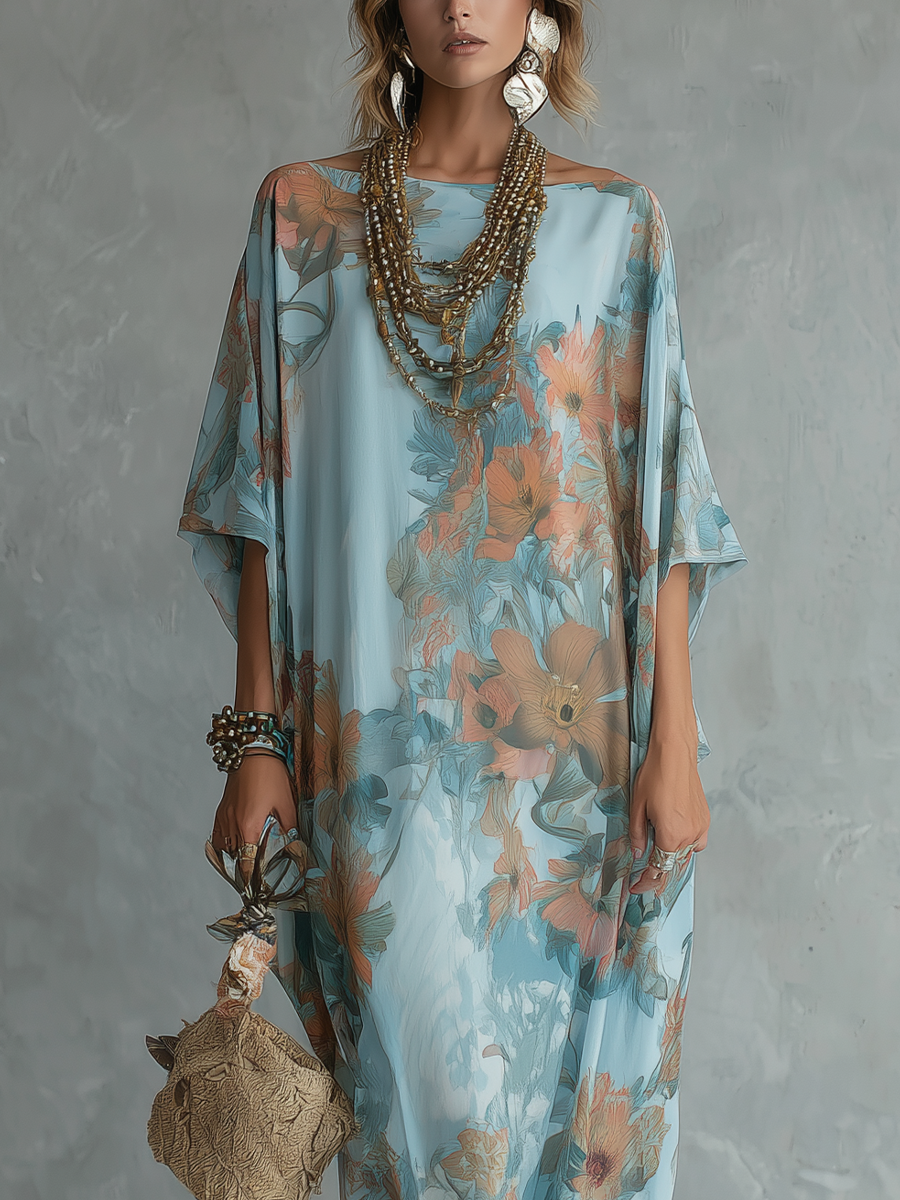 Bohemian Style Sky Blue Floral Print Loose Long Dress